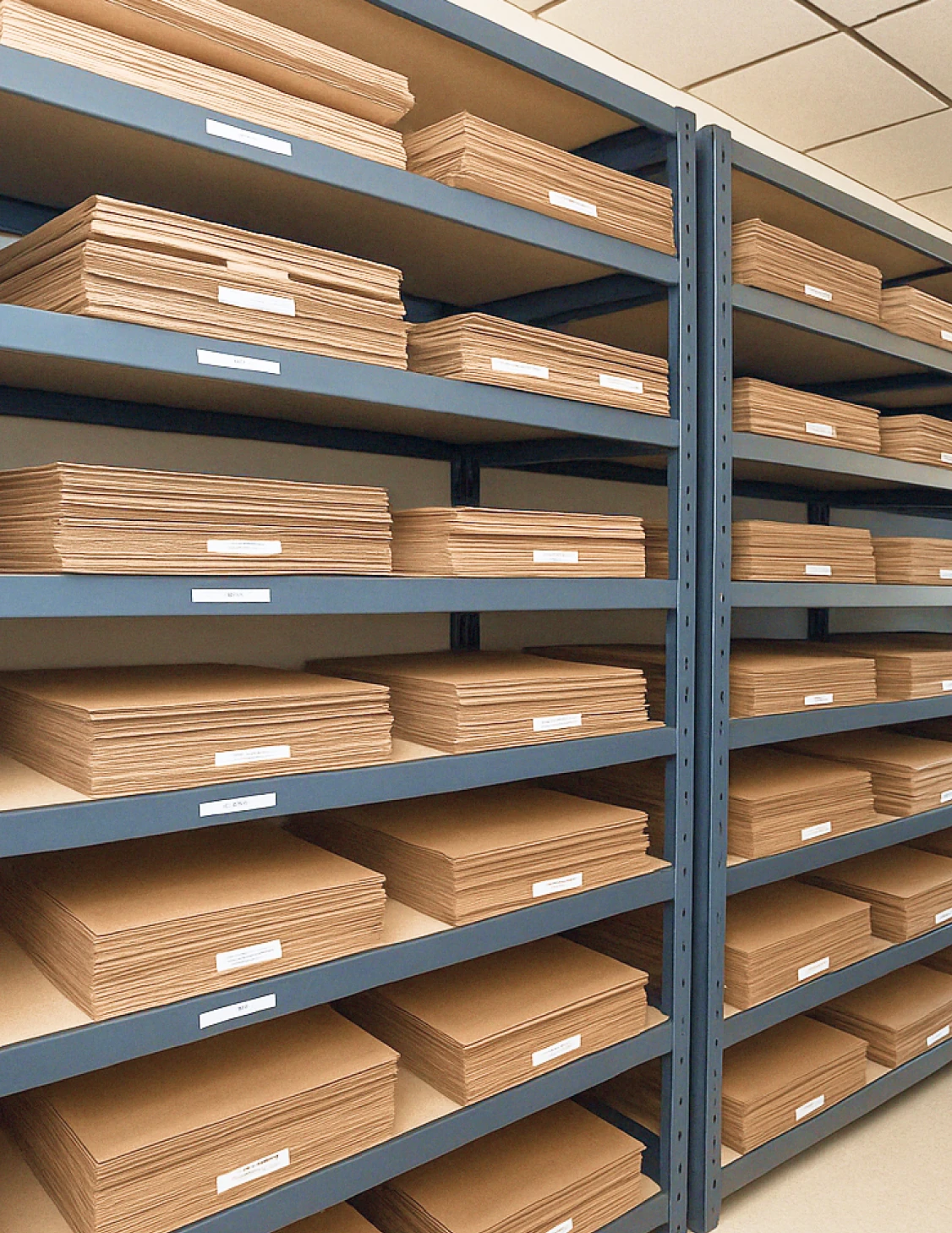 Shelves filled with stacked and labeled PCB laminate sheets in a manufacturing facility