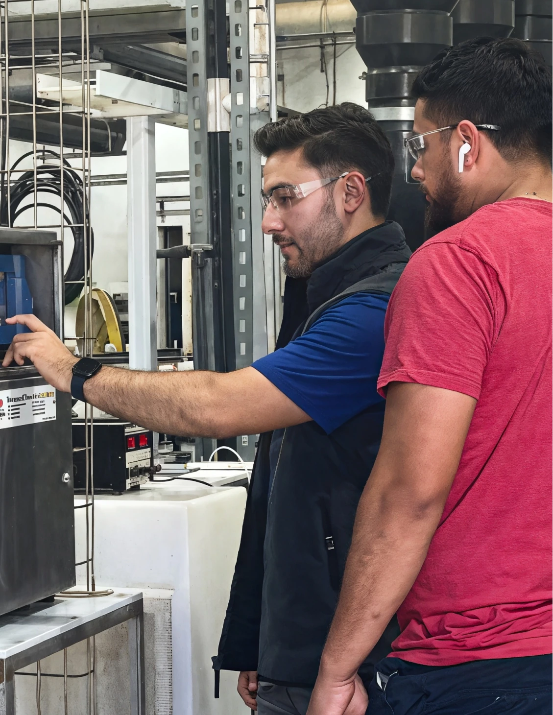 Two engineers wearing safety glasses reviewing controls on manufacturing equipment at Summit Interconnect facility
