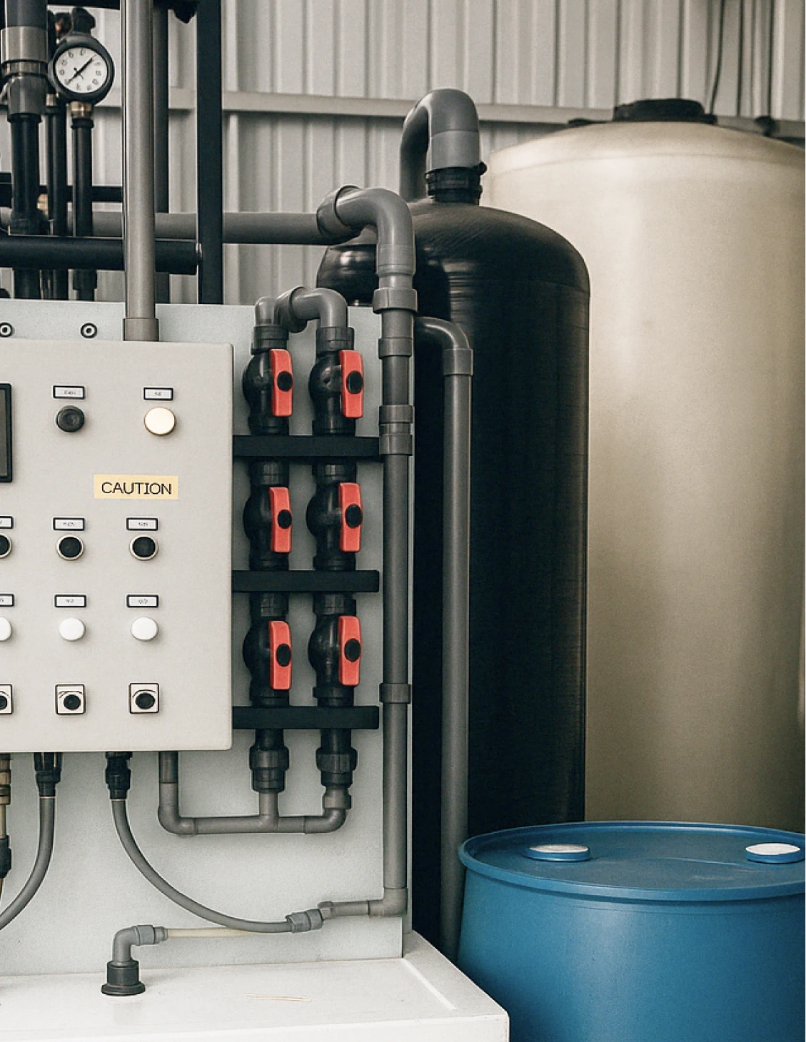 Industrial water treatment system with control panel, valves, filtration tanks and pipes used for water recycling in PCB manufacturing