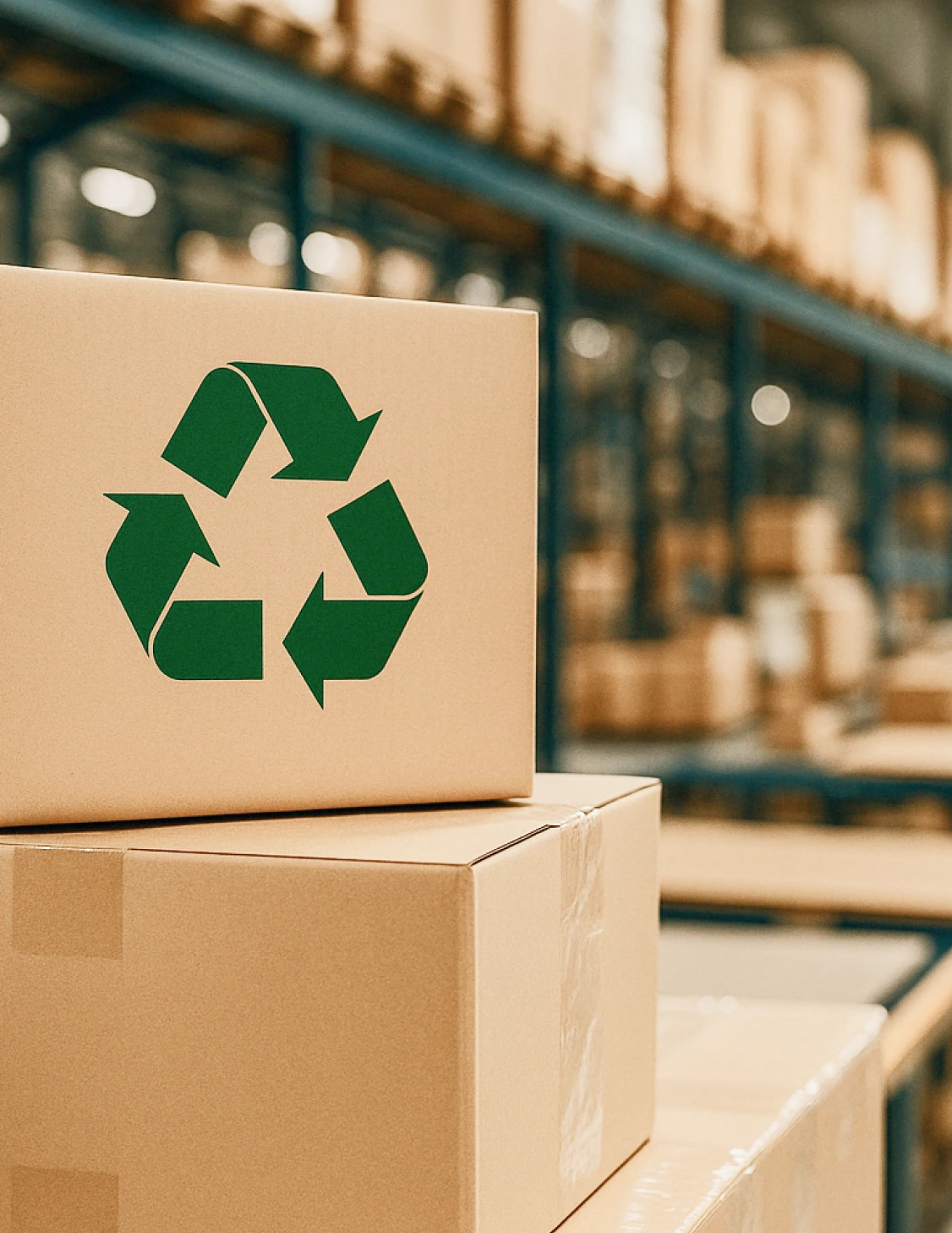 Cardboard boxes with recycling symbol stacked in a warehouse storage facility