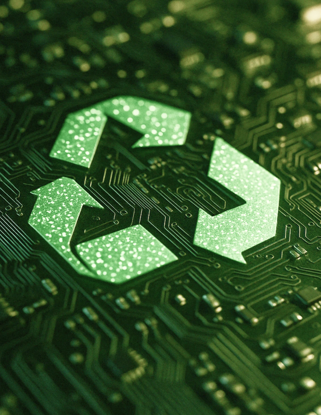 Green recycling symbol embedded in a printed circuit board representing sustainable PCB manufacturing